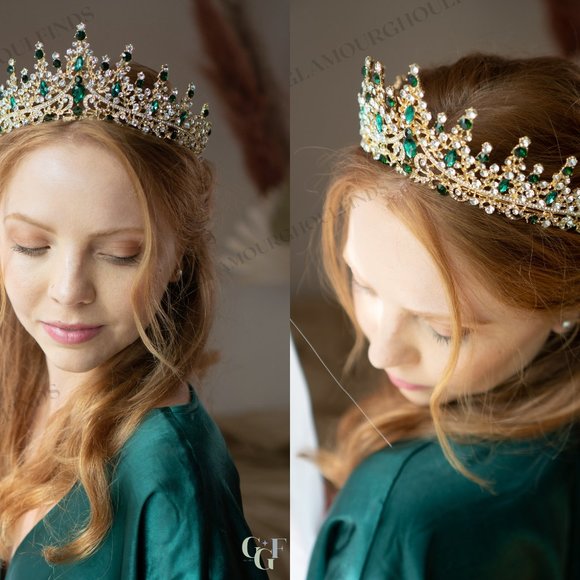 Green Gold Tiara Crown, Prom Crown, Bridal Headpiece, Cosplay Crown, Ren Faire - Picture 3 of 4